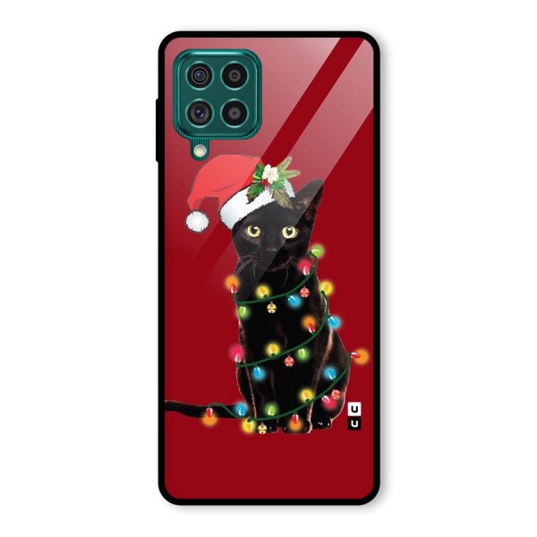 Christmas Cap Cute Cat Glass Back Case for Galaxy F62