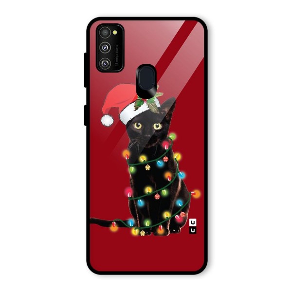 Christmas Cap Cute Cat Glass Back Case for Galaxy M21