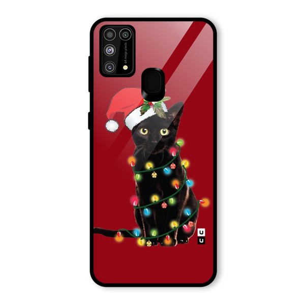 Christmas Cap Cute Cat Glass Back Case for Galaxy M31