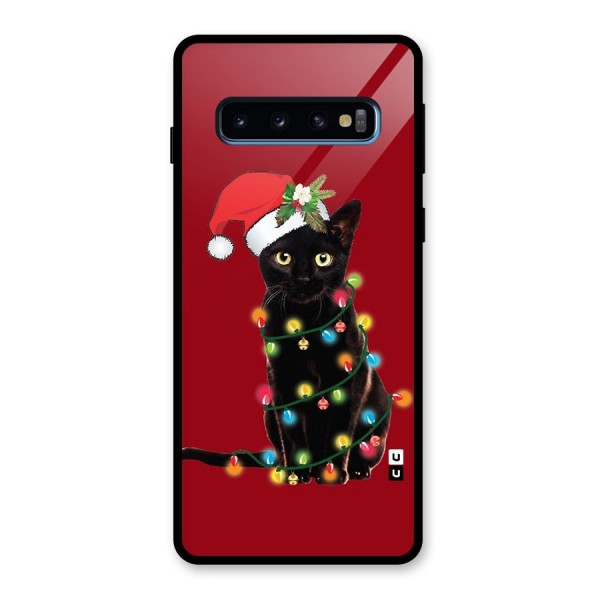 Christmas Cap Cute Cat Glass Back Case for Galaxy S10