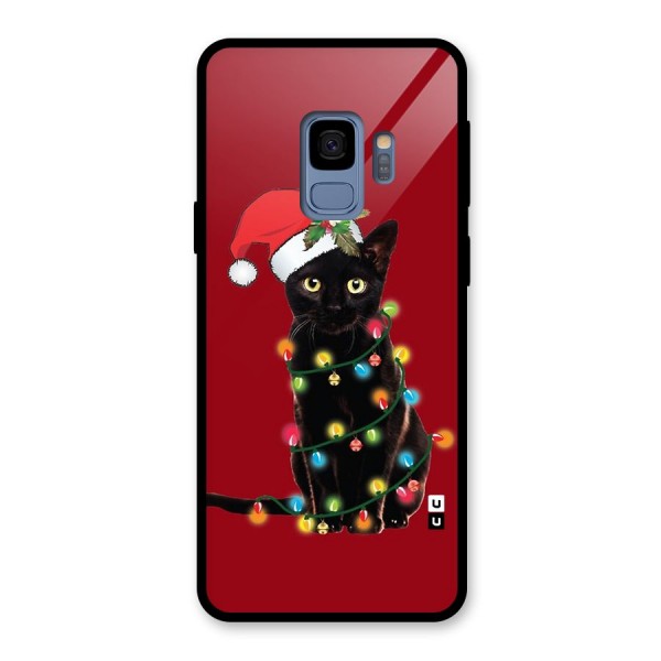 Christmas Cap Cute Cat Glass Back Case for Galaxy S9