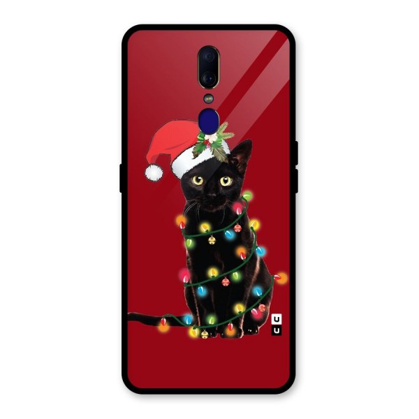 Christmas Cap Cute Cat Glass Back Case for Oppo F11