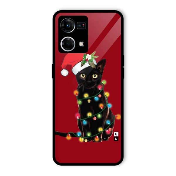 Christmas Cap Cute Cat Glass Back Case for Oppo F21 Pro 4G
