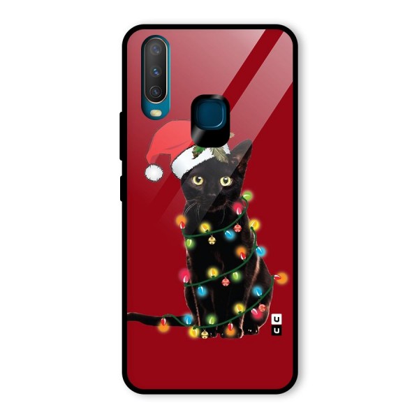 Christmas Cap Cute Cat Glass Back Case for Vivo Y15