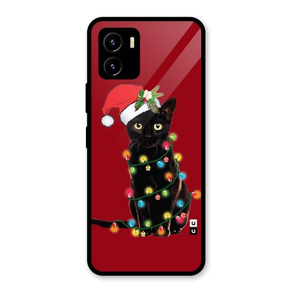 Christmas Cap Cute Cat Glass Back Case for Vivo Y15s