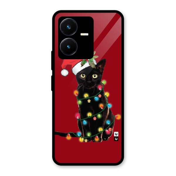 Christmas Cap Cute Cat Glass Back Case for Vivo Y22