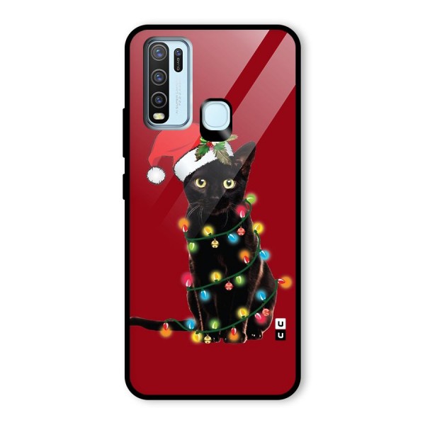 Christmas Cap Cute Cat Glass Back Case for Vivo Y30