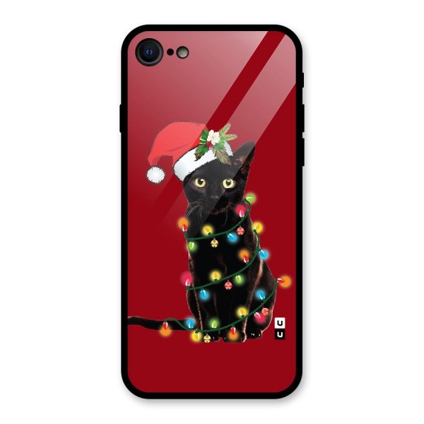 Christmas Cap Cute Cat Glass Back Case for iPhone 8