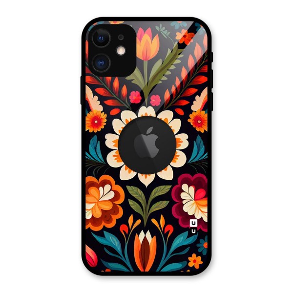 Colorful Mexican Floral Pattern Glass Back Case for iPhone 11 Logo Cut
