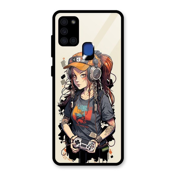 Cool Gamer Girl Glass Back Case for Galaxy A21s