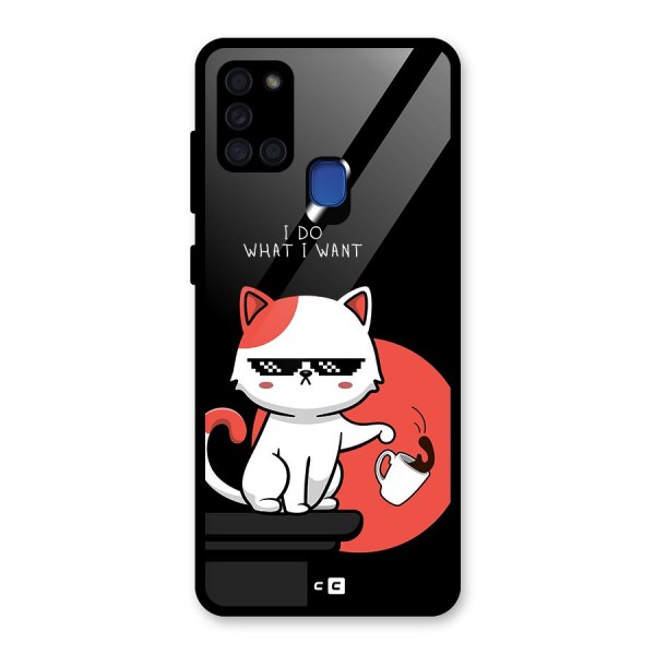 Cute Attitude Cat Glass Back Case for Galaxy A21s