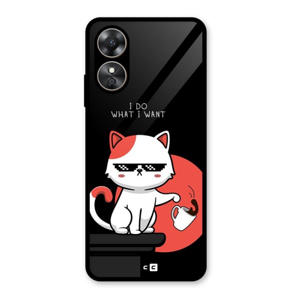 Cute Attitude Cat Glass Back Case for Oppo A17