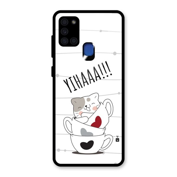 Cute Cat Cup Glass Back Case for Galaxy A21s