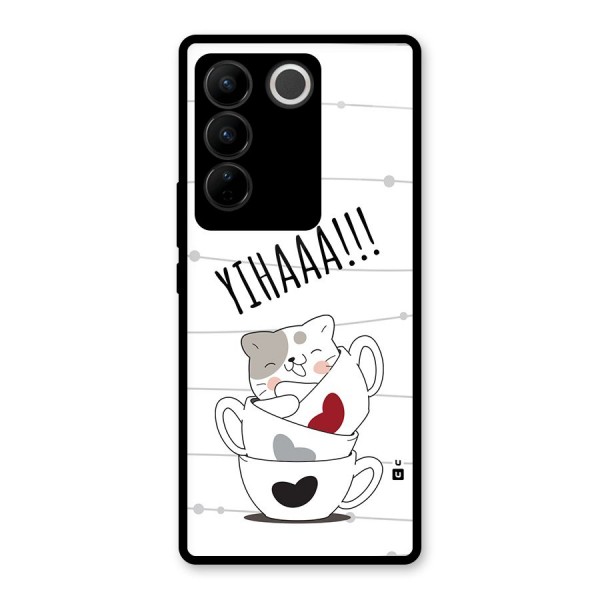 Cute Cat Cup Glass Back Case for Vivo V27 Pro