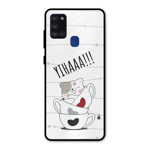 Cute Cat Cup Metal Back Case for Galaxy A21s