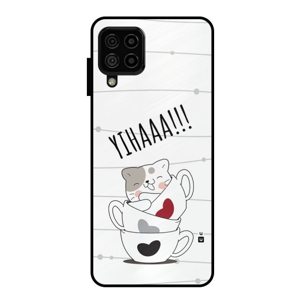 Cute Cat Cup Metal Back Case for Galaxy A22 4G