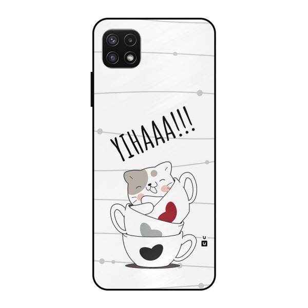 Cute Cat Cup Metal Back Case for Galaxy A22 5G