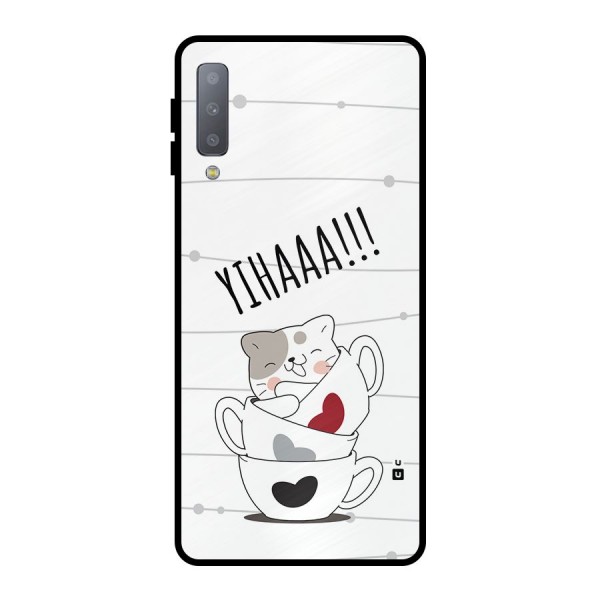 Cute Cat Cup Metal Back Case for Galaxy A7 (2018)