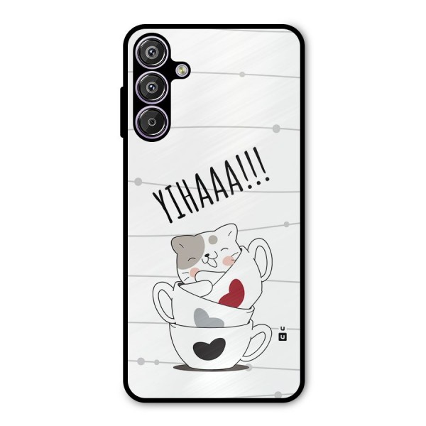 Cute Cat Cup Metal Back Case for Galaxy F15