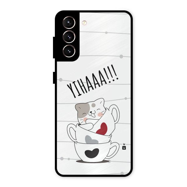 Cute Cat Cup Metal Back Case for Galaxy S21 5G