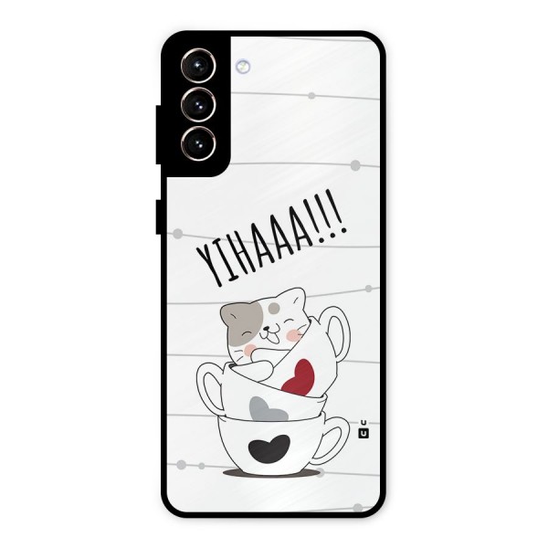 Cute Cat Cup Metal Back Case for Galaxy S21 Plus