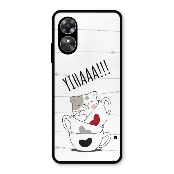 Cute Cat Cup Metal Back Case for Oppo A17