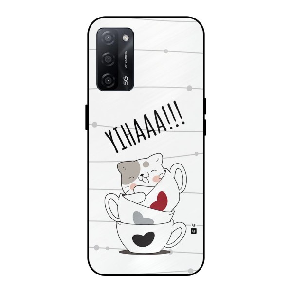 Cute Cat Cup Metal Back Case for Oppo A53s 5G