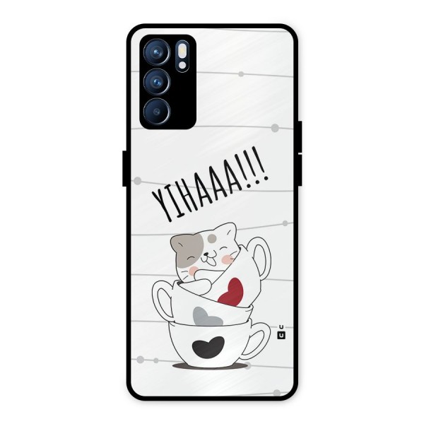 Cute Cat Cup Metal Back Case for Oppo Reno6 5G