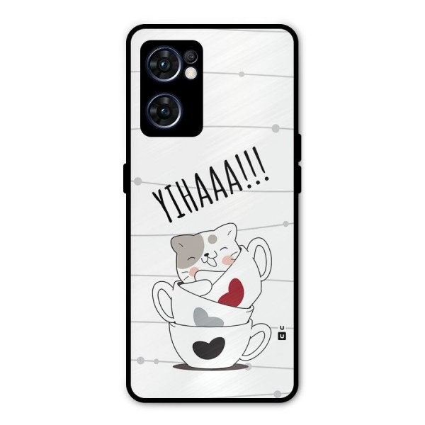 Cute Cat Cup Metal Back Case for Oppo Reno7 5G