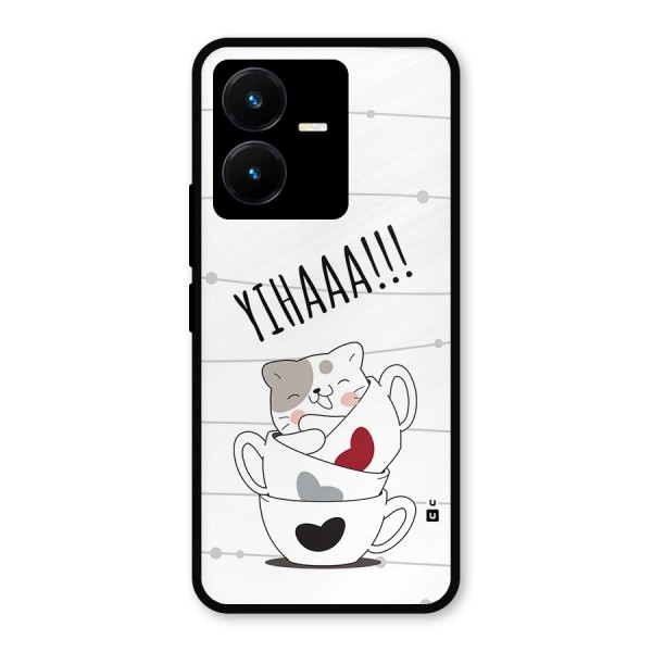 Cute Cat Cup Metal Back Case for Vivo Y22s