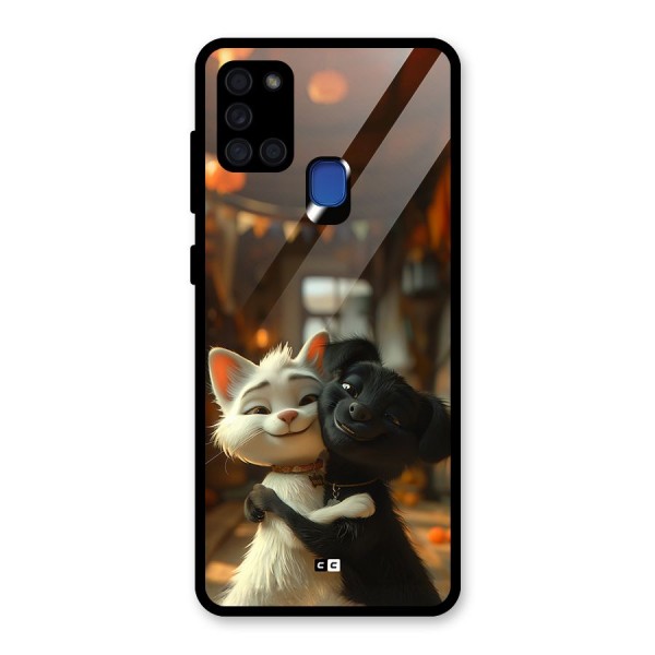 Cute Cat Dog Glass Back Case for Galaxy A21s