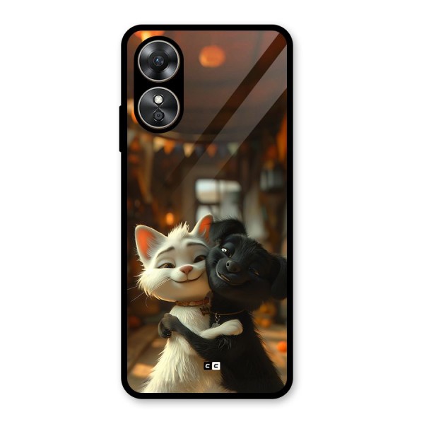 Cute Cat Dog Glass Back Case for Oppo A17