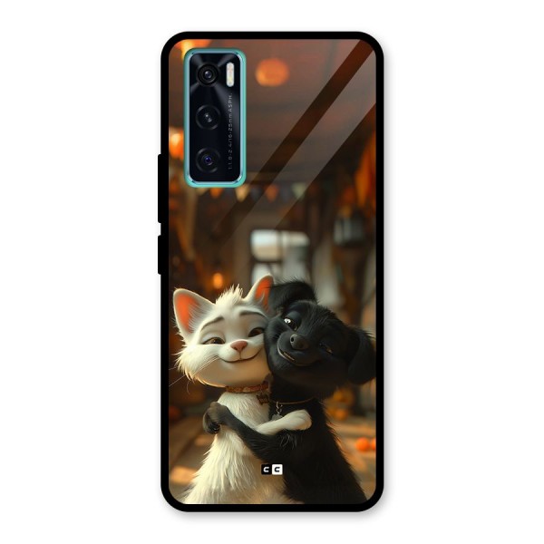 Cute Cat Dog Glass Back Case for Vivo V20 SE