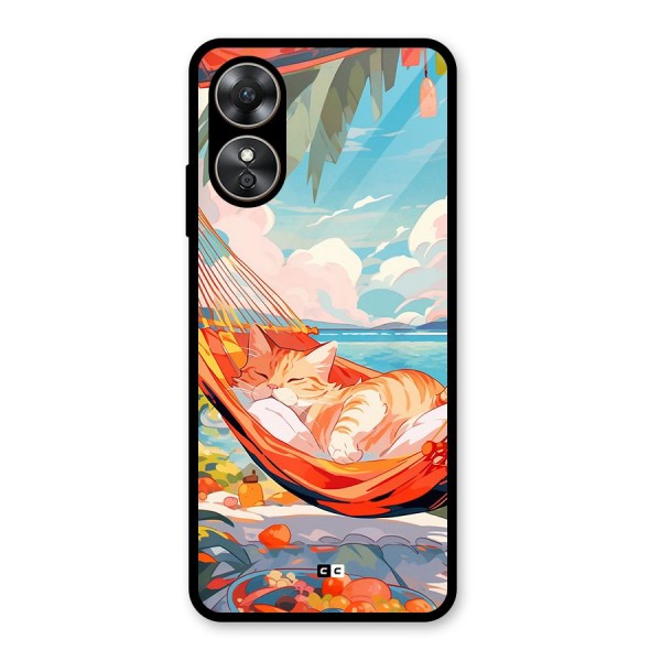 Cute Cat On Beach Glass Back Case for Oppo A17