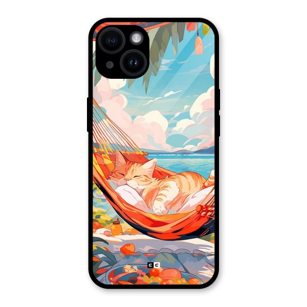 Cute Cat On Beach Glass Back Case for iPhone 14