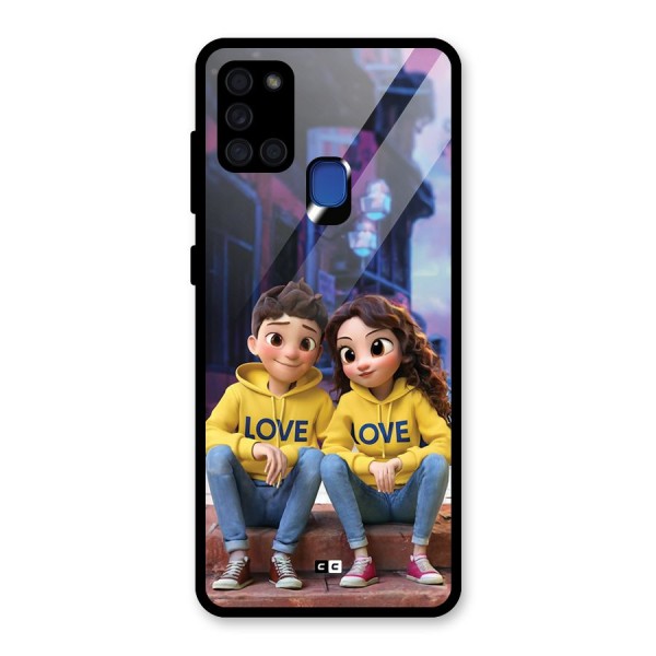 Cute Couple Sitting Glass Back Case for Galaxy A21s