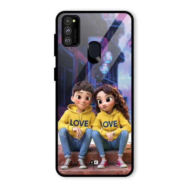 Cute Couple Sitting Glass Back Case for Galaxy M21