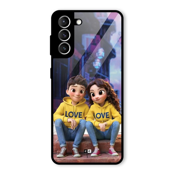 Cute Couple Sitting Glass Back Case for Galaxy S21 5G