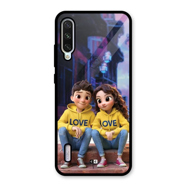 Cute Couple Sitting Glass Back Case for Mi A3