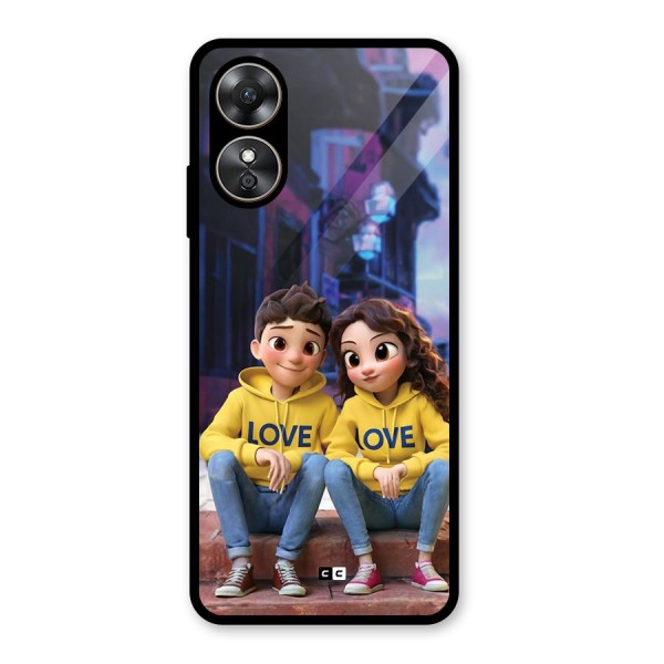 Cute Couple Sitting Glass Back Case for Oppo A17