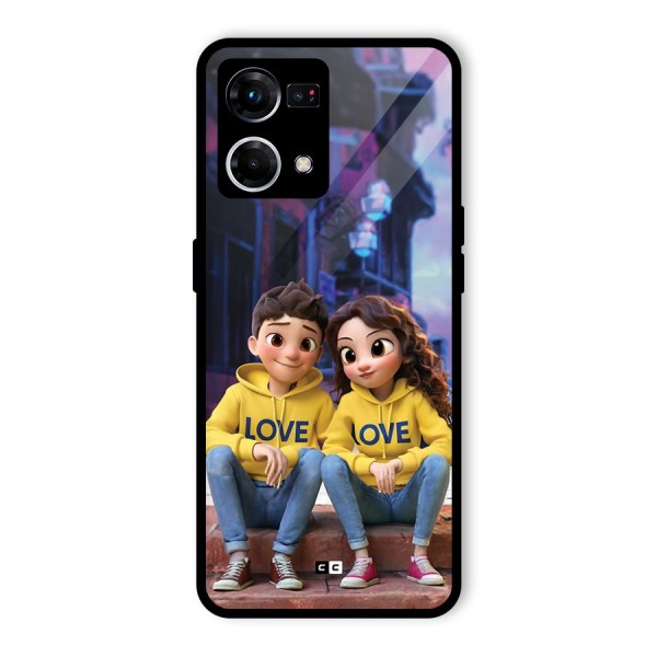Cute Couple Sitting Glass Back Case for Oppo F21 Pro 4G