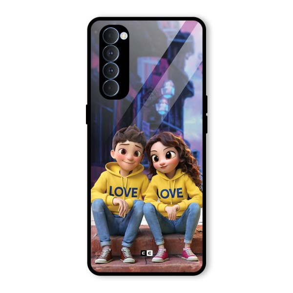 Cute Couple Sitting Glass Back Case for Oppo Reno4 Pro