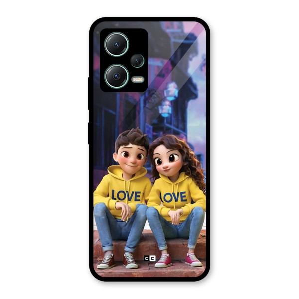 Cute Couple Sitting Glass Back Case for Poco X5