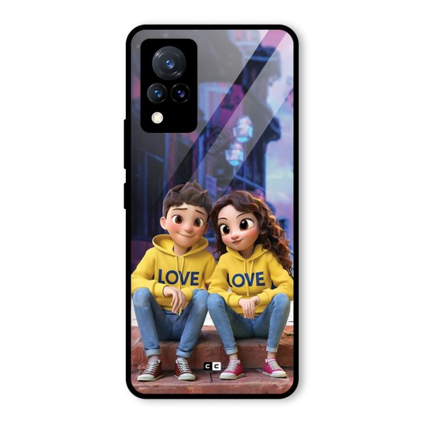 Cute Couple Sitting Glass Back Case for Vivo V21 5G