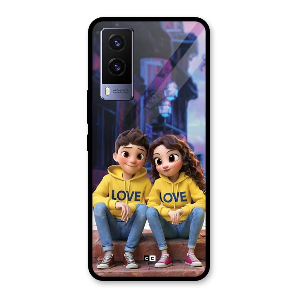 Cute Couple Sitting Glass Back Case for Vivo V21e 5G