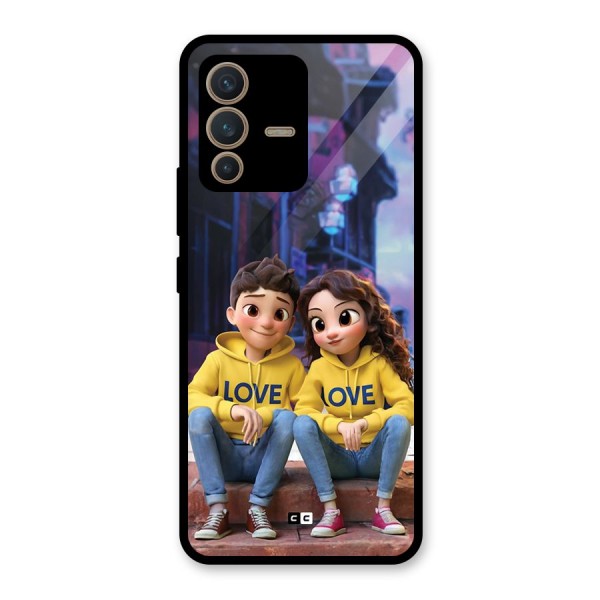 Cute Couple Sitting Glass Back Case for Vivo V23 5G