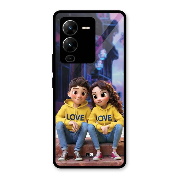 Cute Couple Sitting Glass Back Case for Vivo V25 Pro