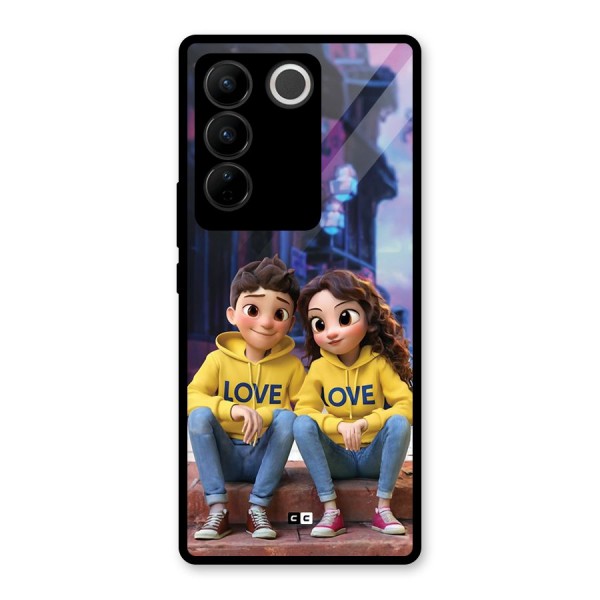 Cute Couple Sitting Glass Back Case for Vivo V27 Pro