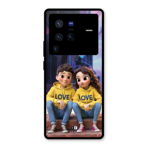 Cute Couple Sitting Glass Back Case for Vivo X80 Pro