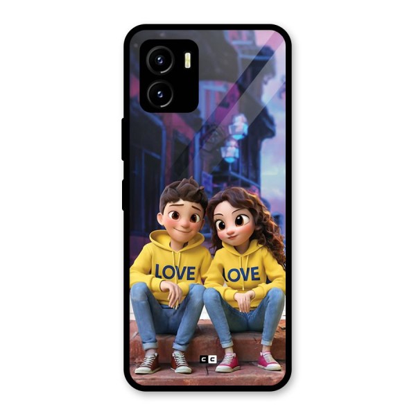 Cute Couple Sitting Glass Back Case for Vivo Y15s